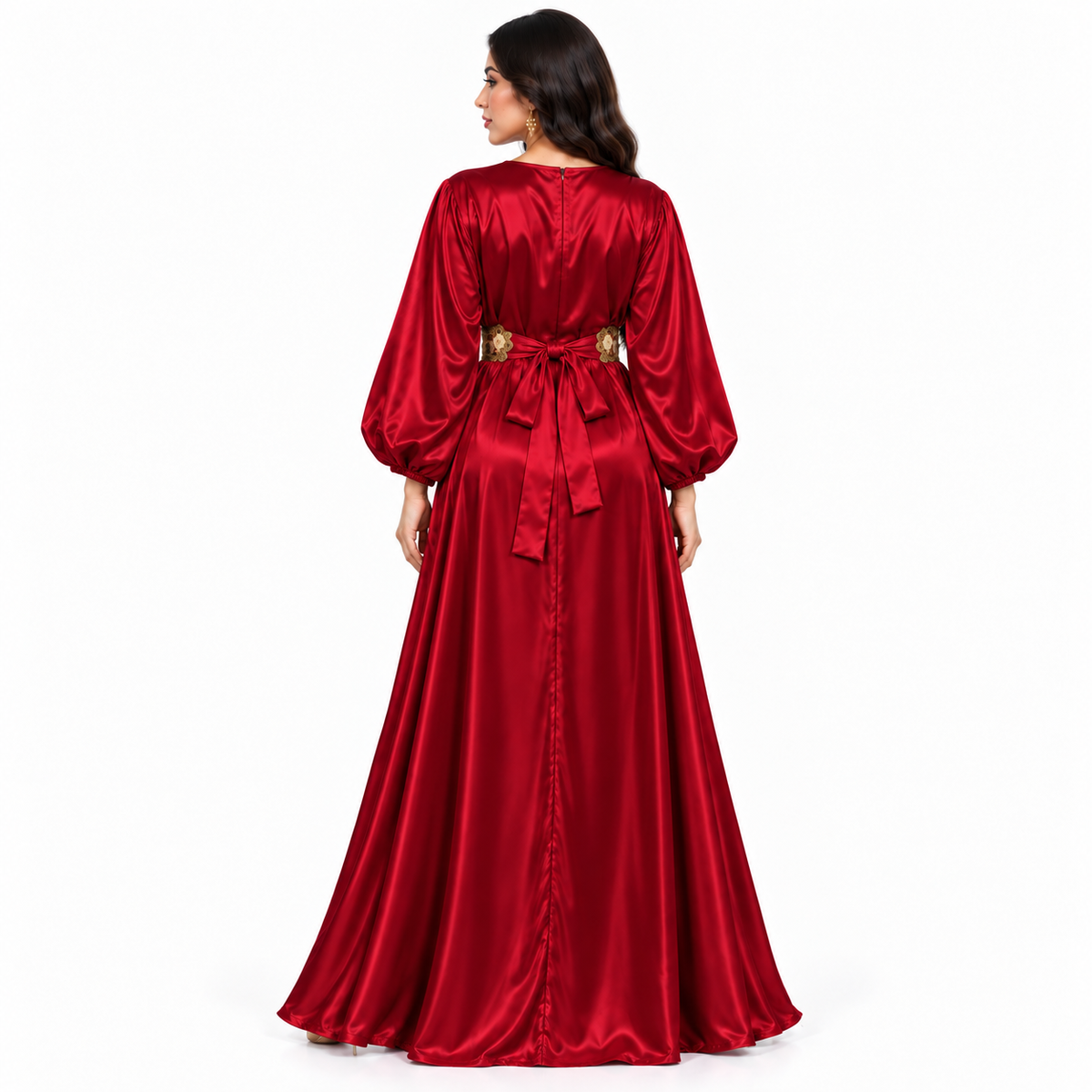 Ruby Red Gold Trim Satin Kaftan-4