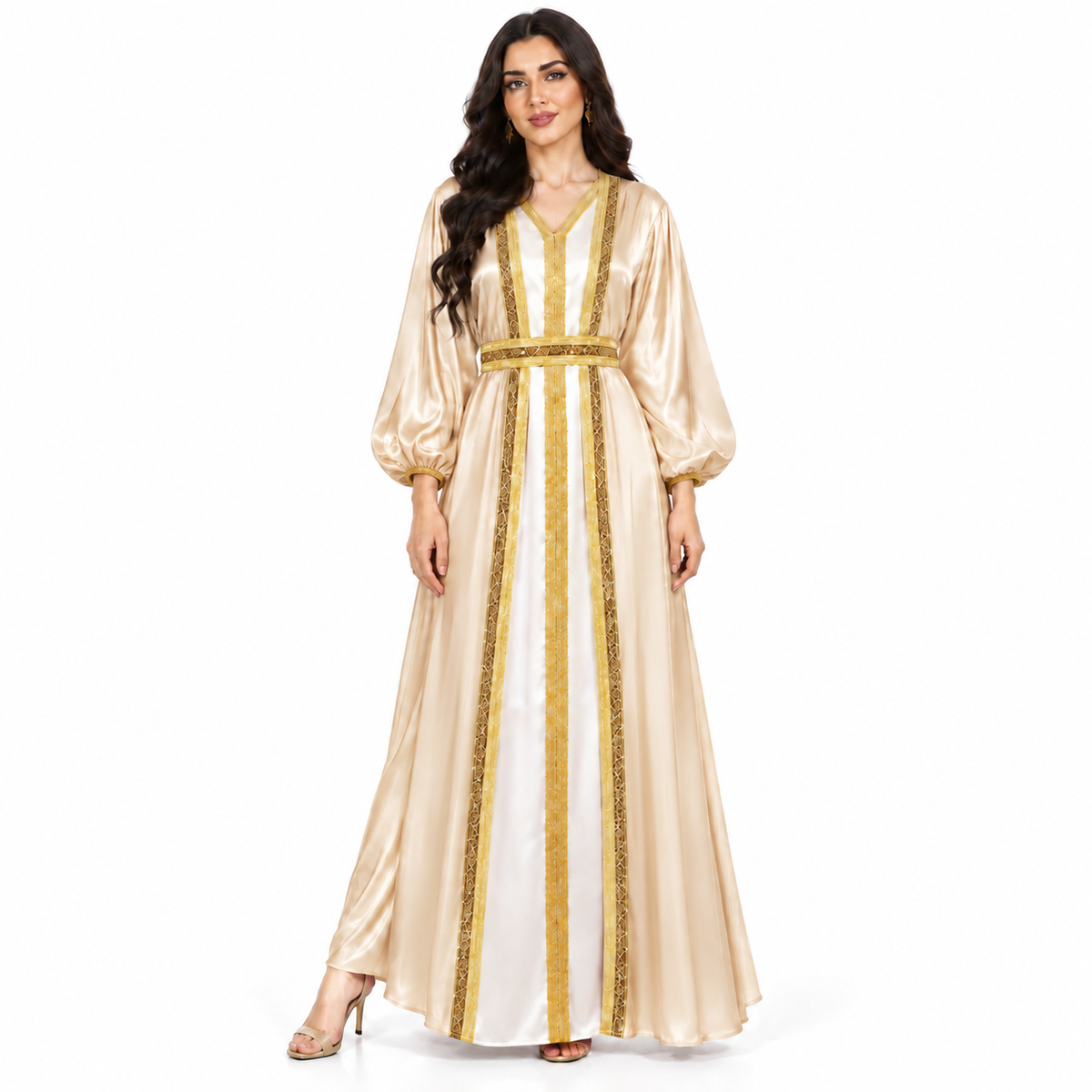 Apricot Gold Satin Moroccan Luxury Kaftan-1