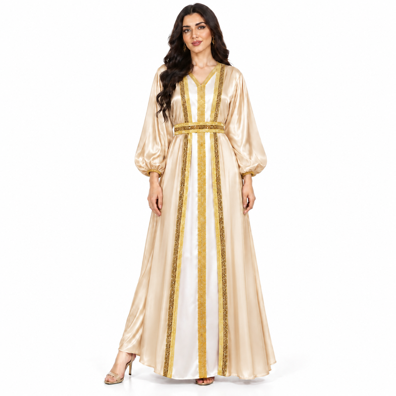 Apricot Gold Satin Moroccan Luxury Kaftan-1