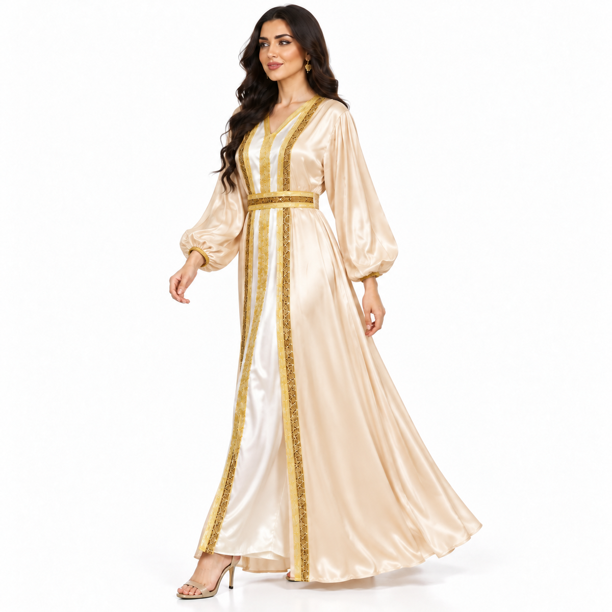 Apricot Gold Satin Moroccan Luxury Kaftan-2