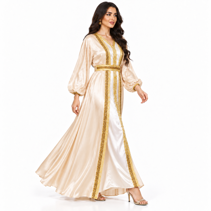 Apricot Gold Satin Moroccan Luxury Kaftan-3