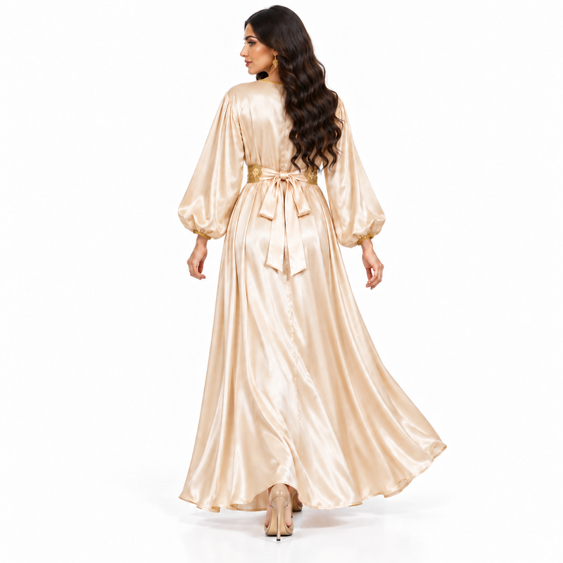 Apricot Gold Satin Moroccan Luxury Kaftan-4