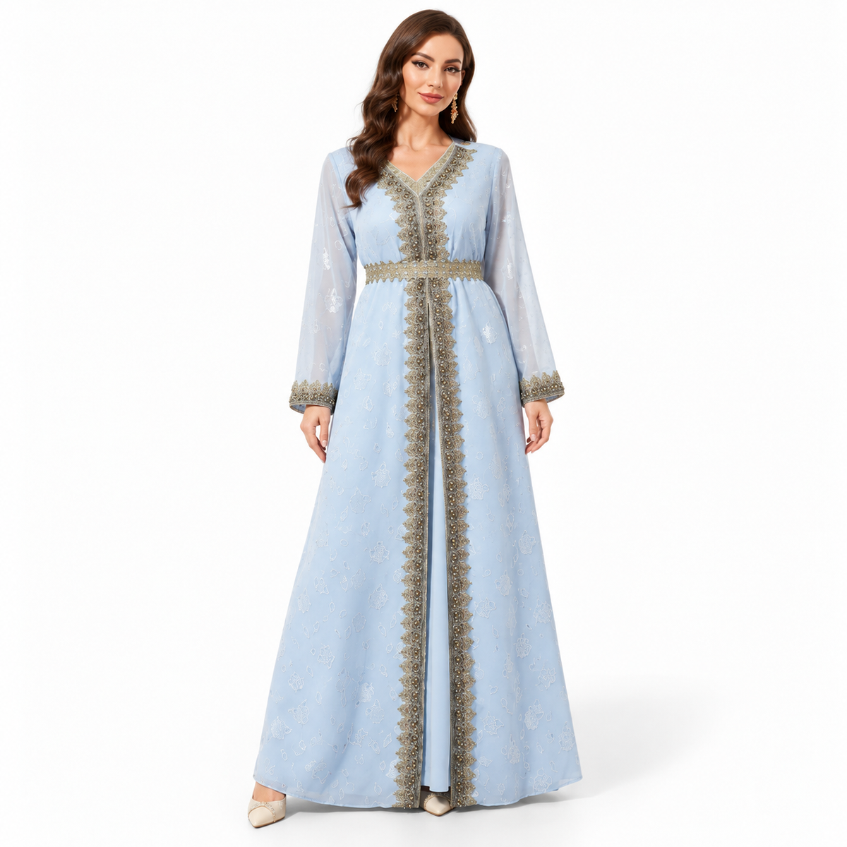 Sky Blue Gold Embroidered Luxury Kaftan-1
