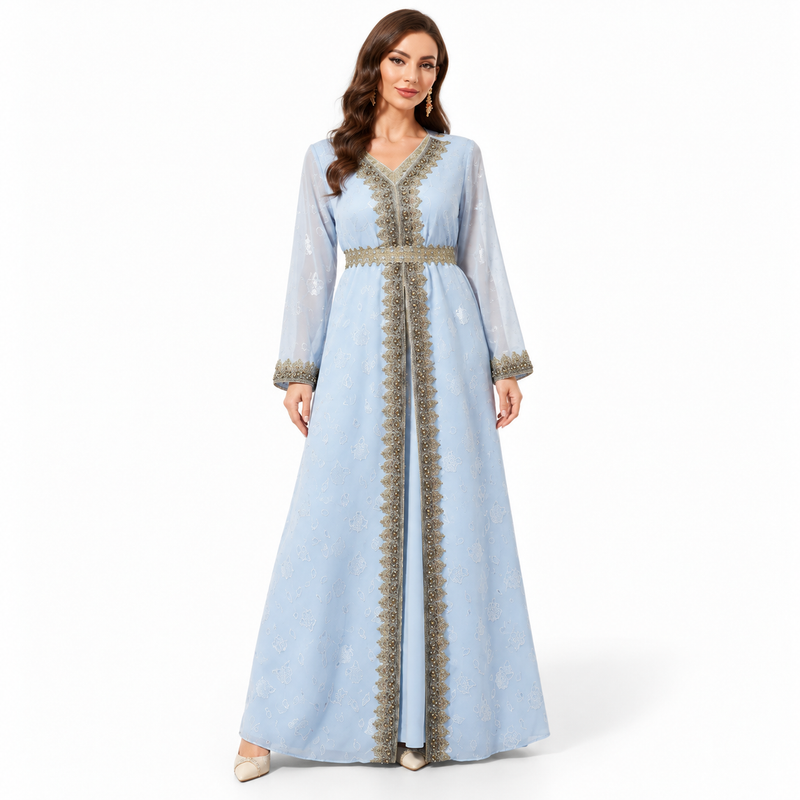 Sky Blue Gold Embroidered Luxury Kaftan-1