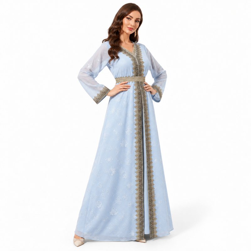 Sky Blue Gold Embroidered Luxury Kaftan-3