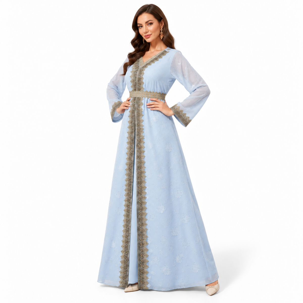 Sky Blue Gold Embroidered Luxury Kaftan-2