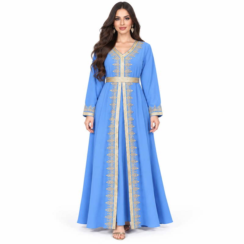 Sky Blue Gold Embroidered Luxury Kaftan-1