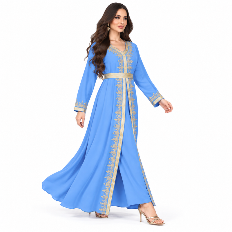Sky Blue Gold Embroidered Luxury Kaftan-3
