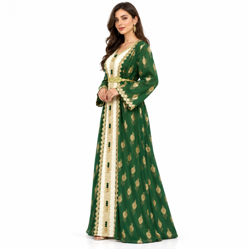 Emerald Gold Embroidered Luxury Moroccan Kaftan-2