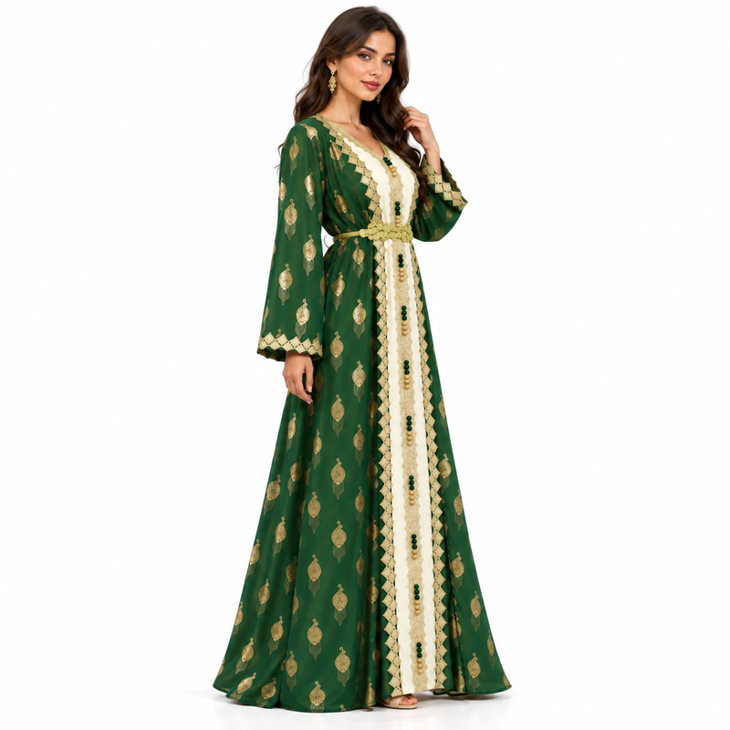 Emerald Gold Embroidered Luxury Moroccan Kaftan-3