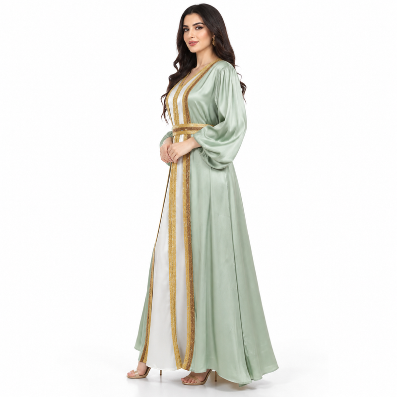 Mint Gold Satin Luxury Women’s Kaftan-2