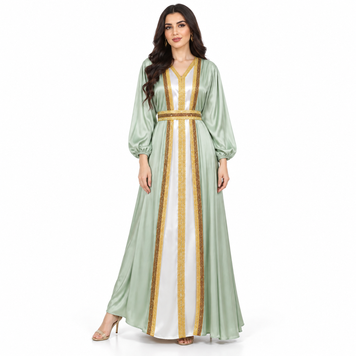 Mint Gold Satin Luxury Women’s Kaftan-1
