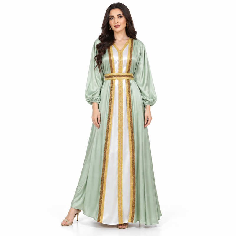 Mint Gold Satin Luxury Women’s Kaftan-1