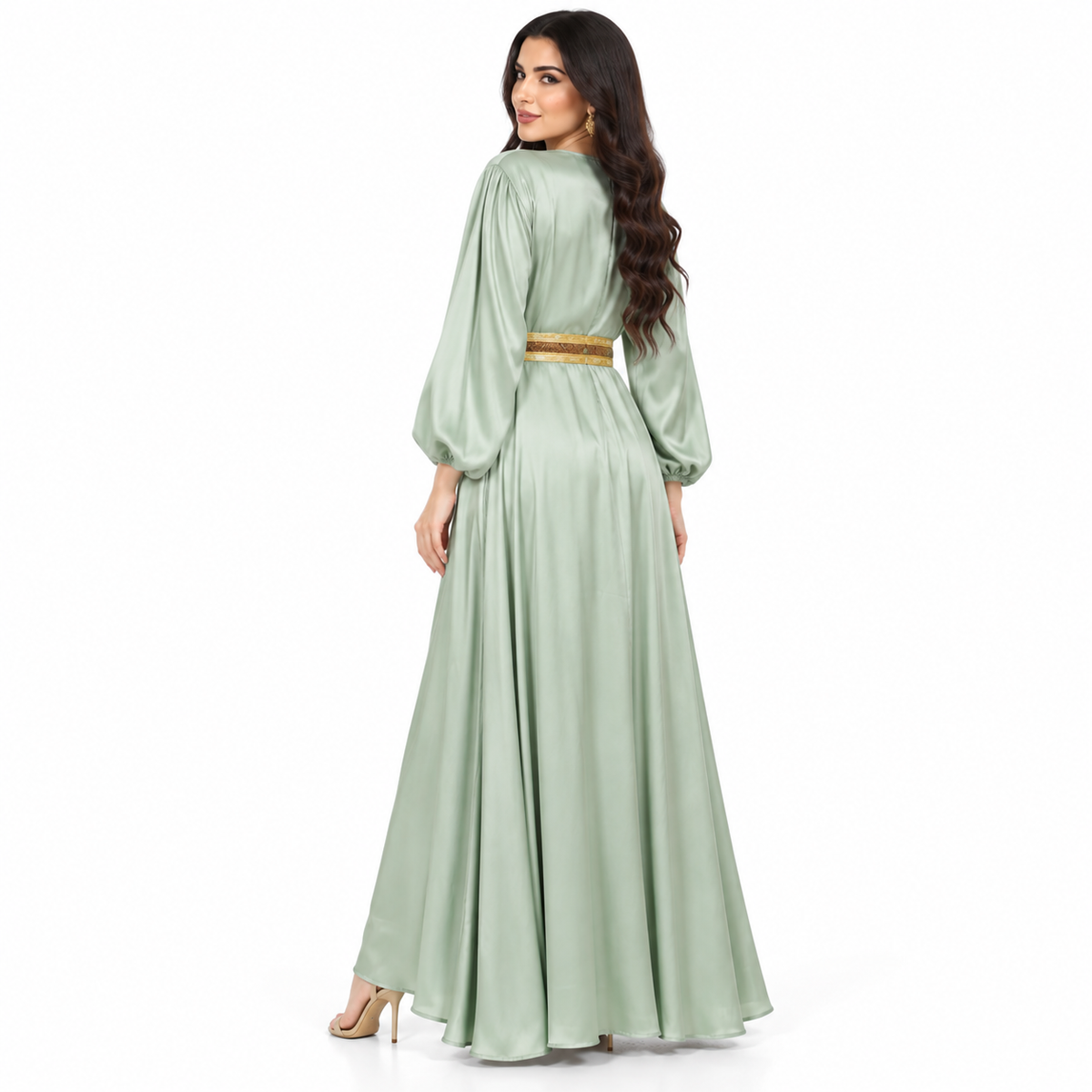 Mint Gold Satin Luxury Women’s Kaftan-4