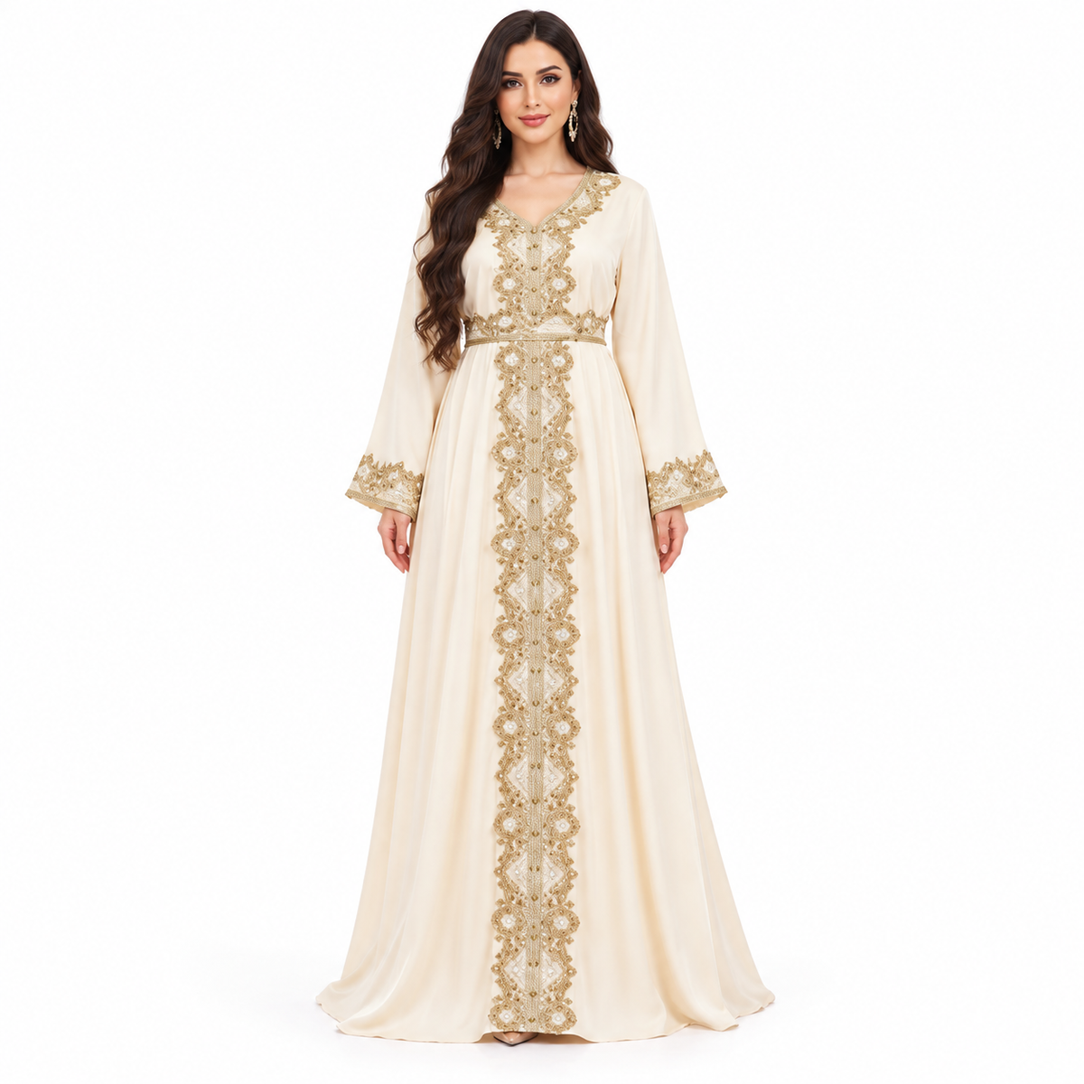 Apricot Gold Embroidered Satin Luxury Kaftan-1