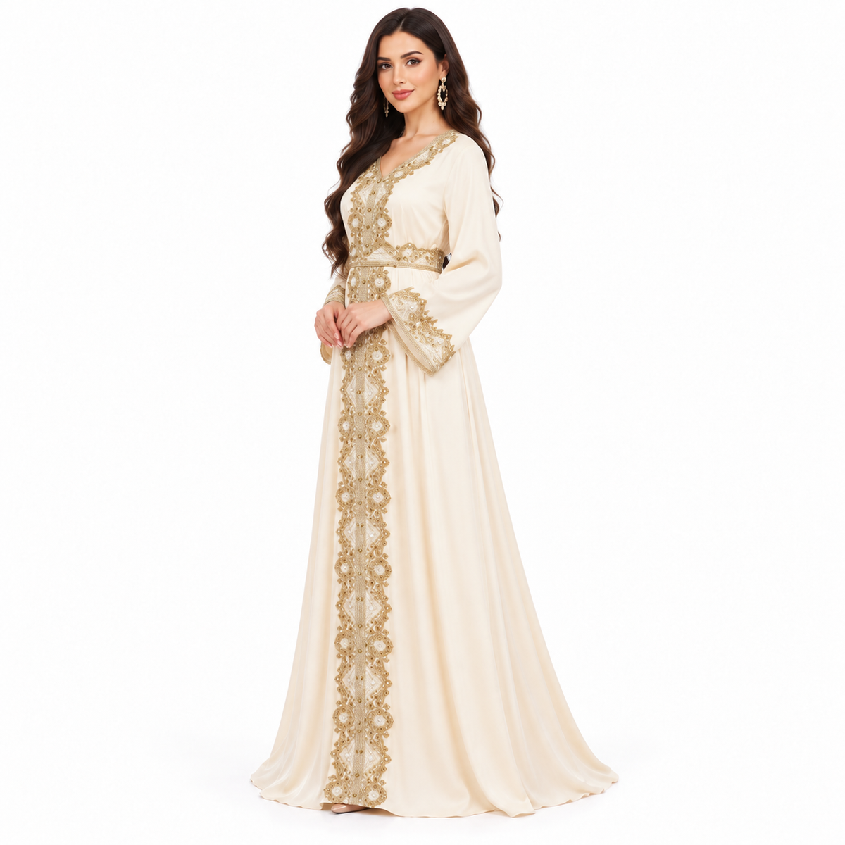 Apricot Gold Embroidered Satin Luxury Kaftan-2