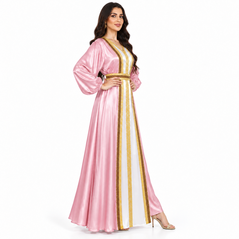 Pink Gold Satin Luxury Moroccan Kaftan-3