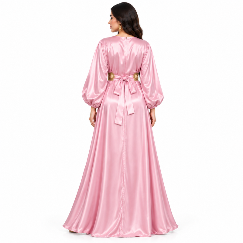 Pink Gold Satin Luxury Moroccan Kaftan-4
