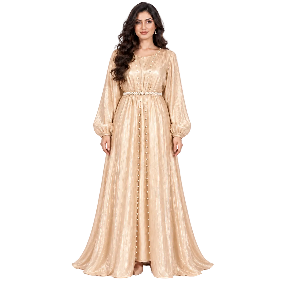 Champagne Pearl Belted Elegant Evening Kaftan-1