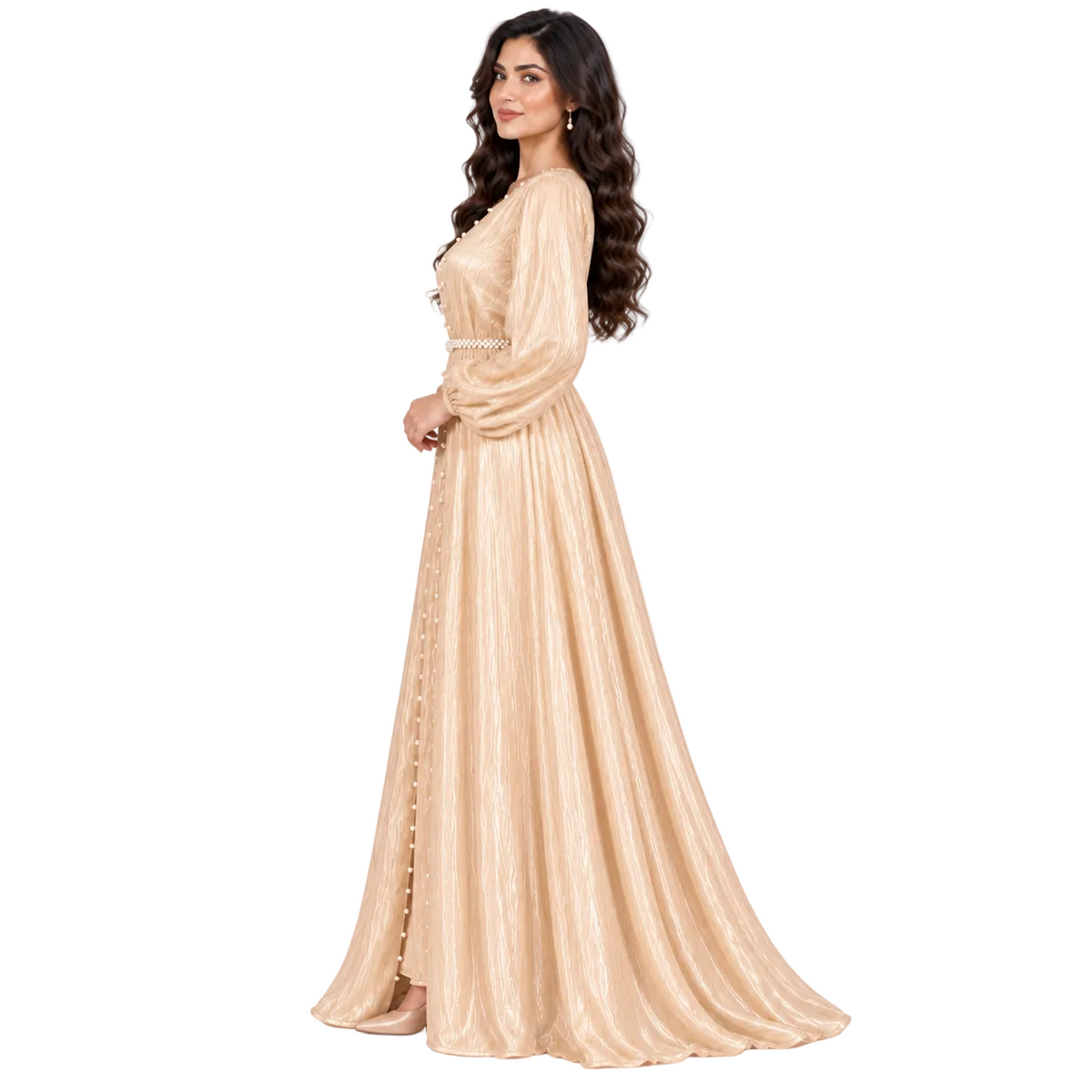 Champagne Pearl Belted Elegant Evening Kaftan-2