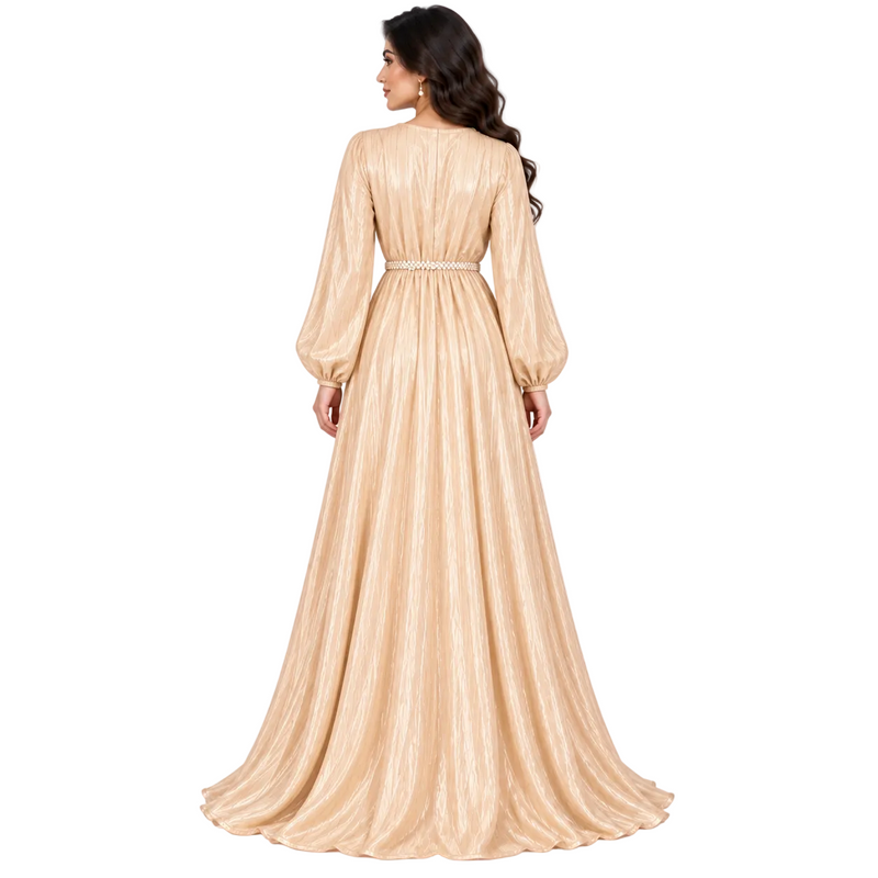 Champagne Pearl Belted Elegant Evening Kaftan-4