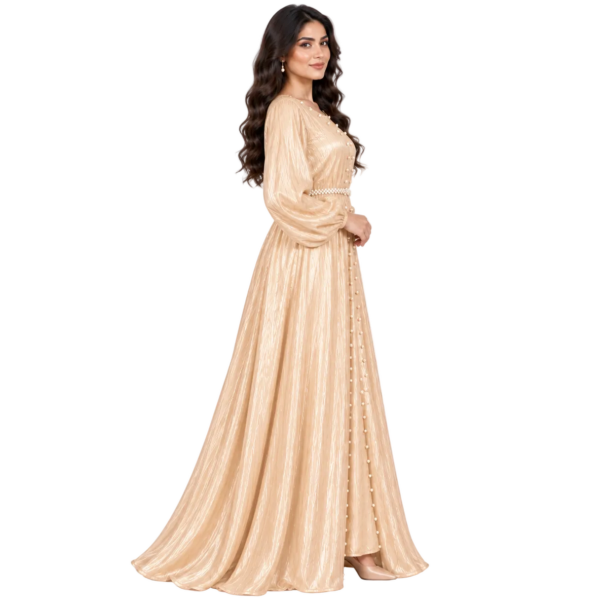 Champagne Pearl Belted Elegant Evening Kaftan-3