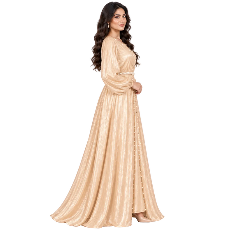Champagne Pearl Belted Elegant Evening Kaftan-3