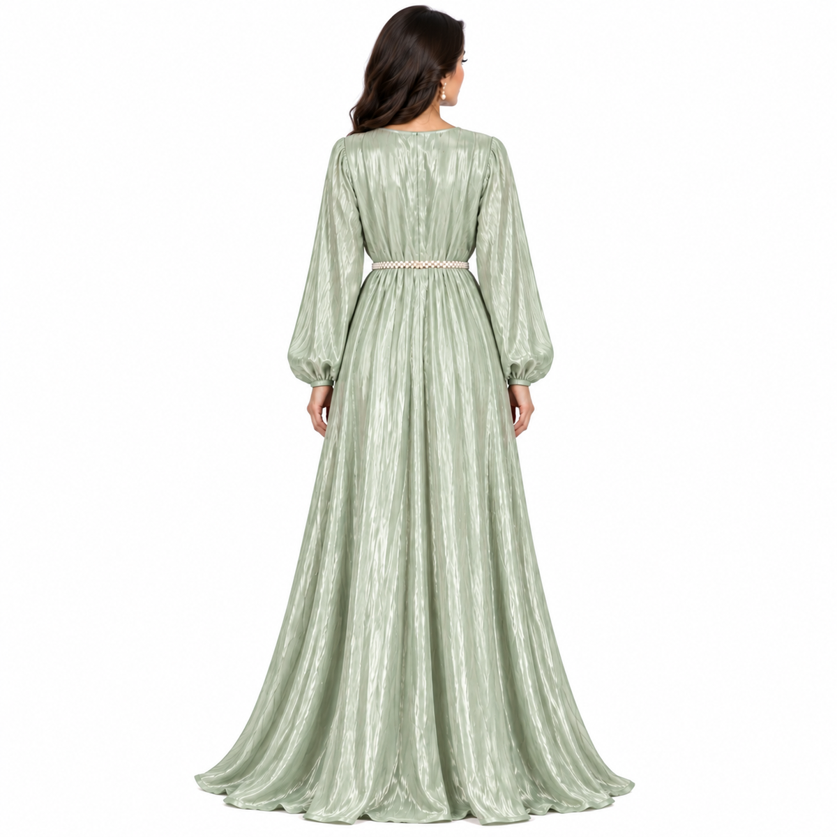 Light Sage Pearl Belted Elegant Kaftan-4