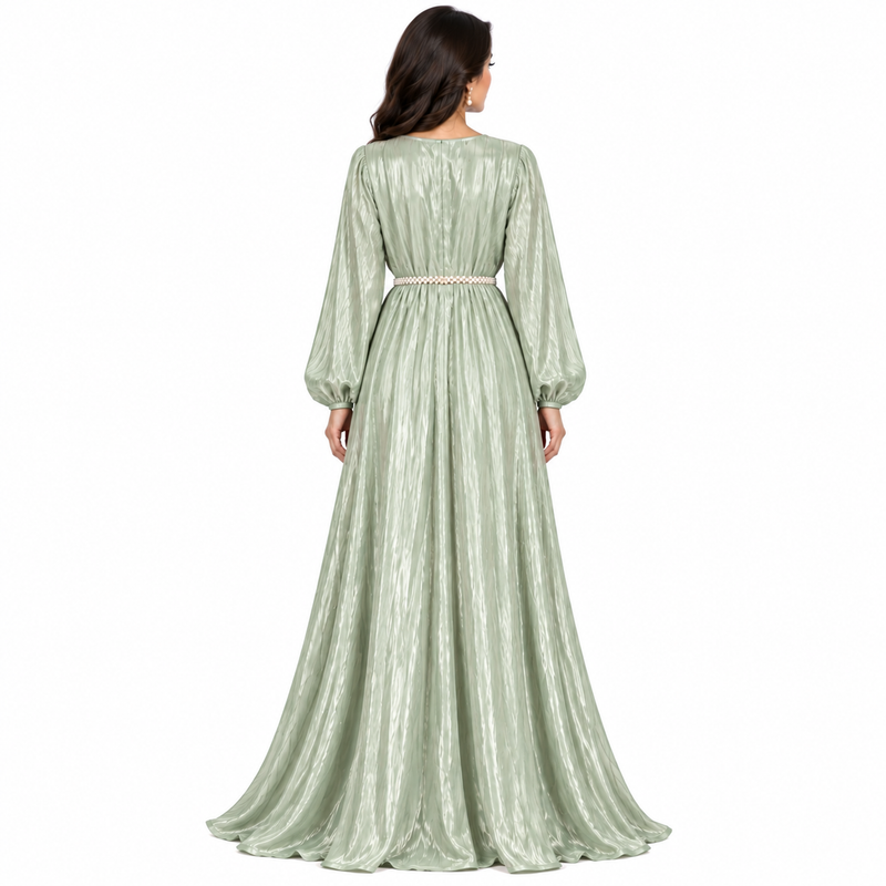 Light Sage Pearl Belted Elegant Kaftan-4