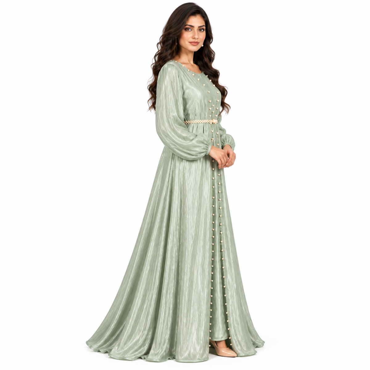 Light Sage Pearl Belted Elegant Kaftan-3