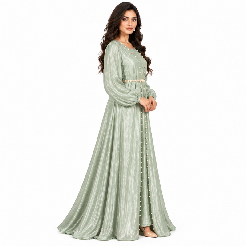 Light Sage Pearl Belted Elegant Kaftan-3