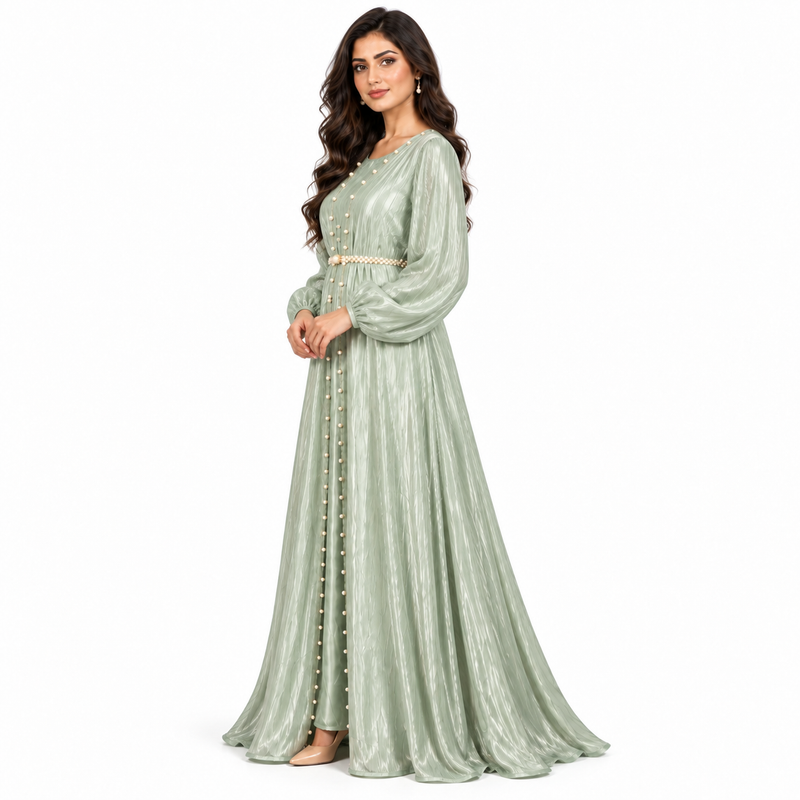 Light Sage Pearl Belted Elegant Kaftan-2