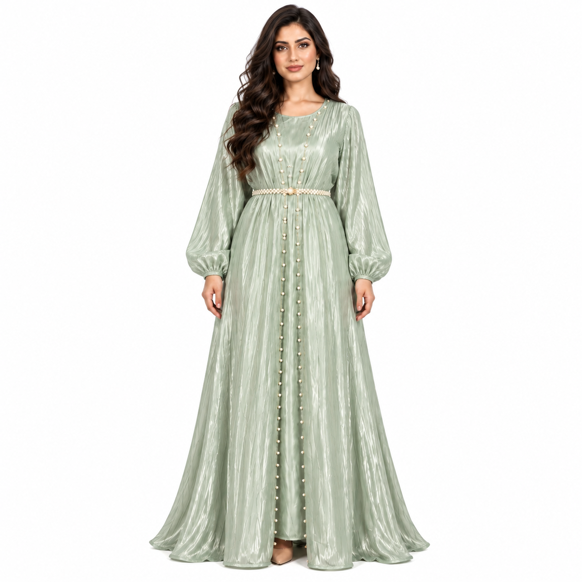 Light Sage Pearl Belted Elegant Kaftan-1