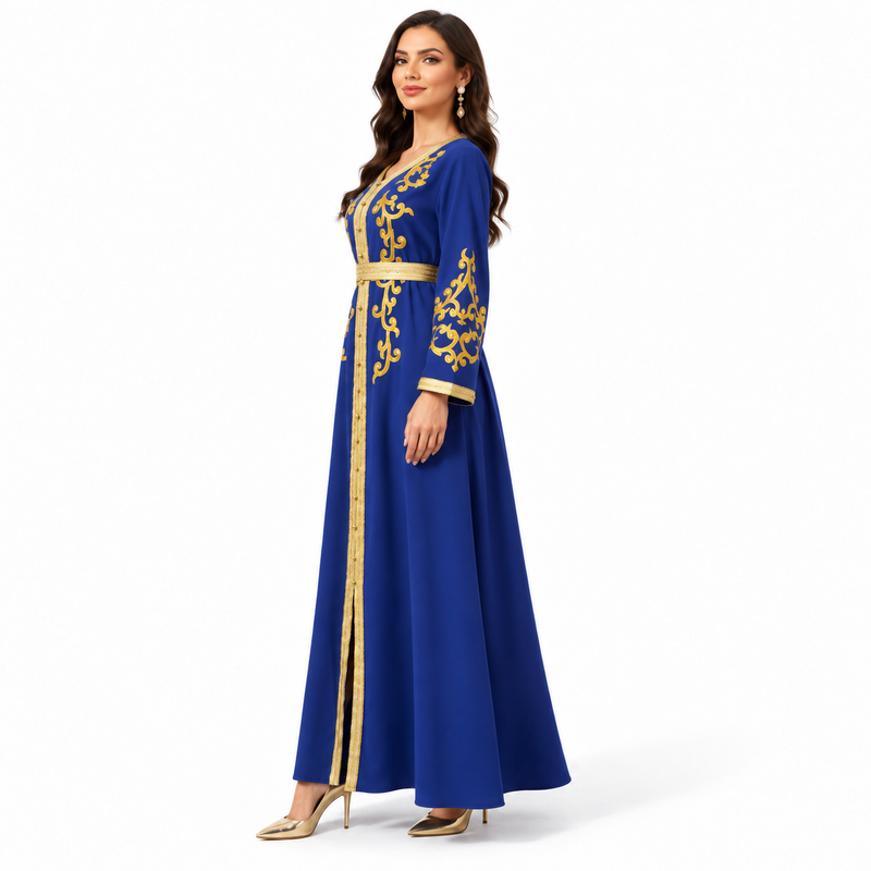 Royal Blue Gold Embroidered Luxury Kaftan-2