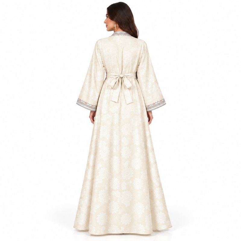 Beige Floral Embroidered Luxury Moroccan Kaftan-4