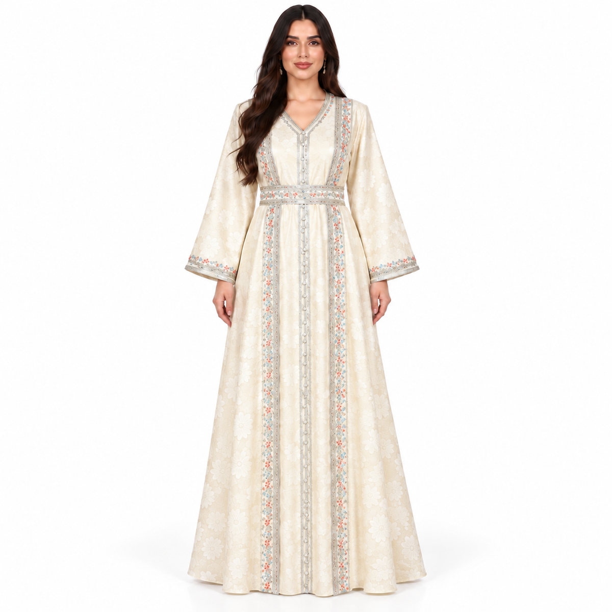 Beige Floral Embroidered Luxury Moroccan Kaftan-1