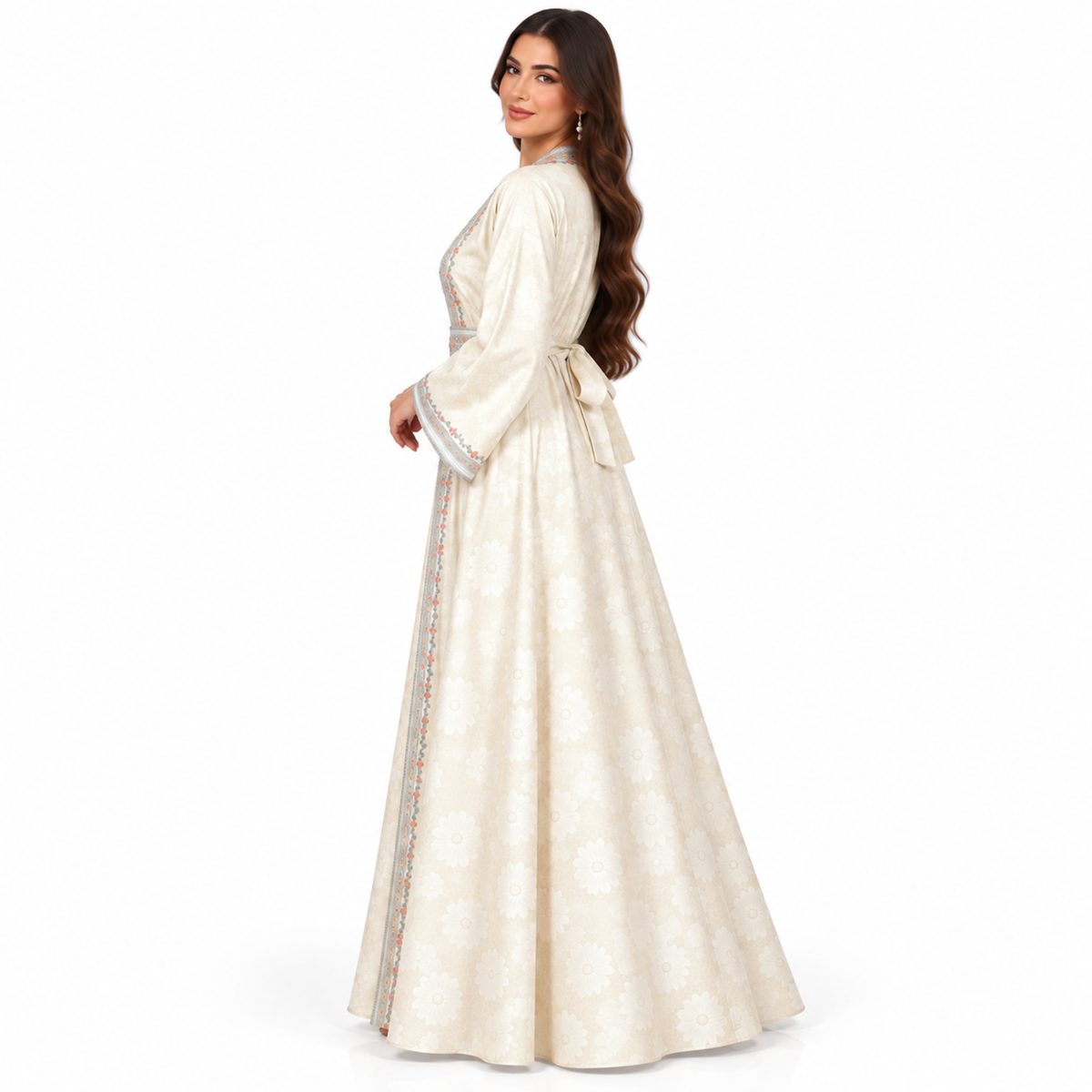 Beige Floral Embroidered Luxury Moroccan Kaftan-3