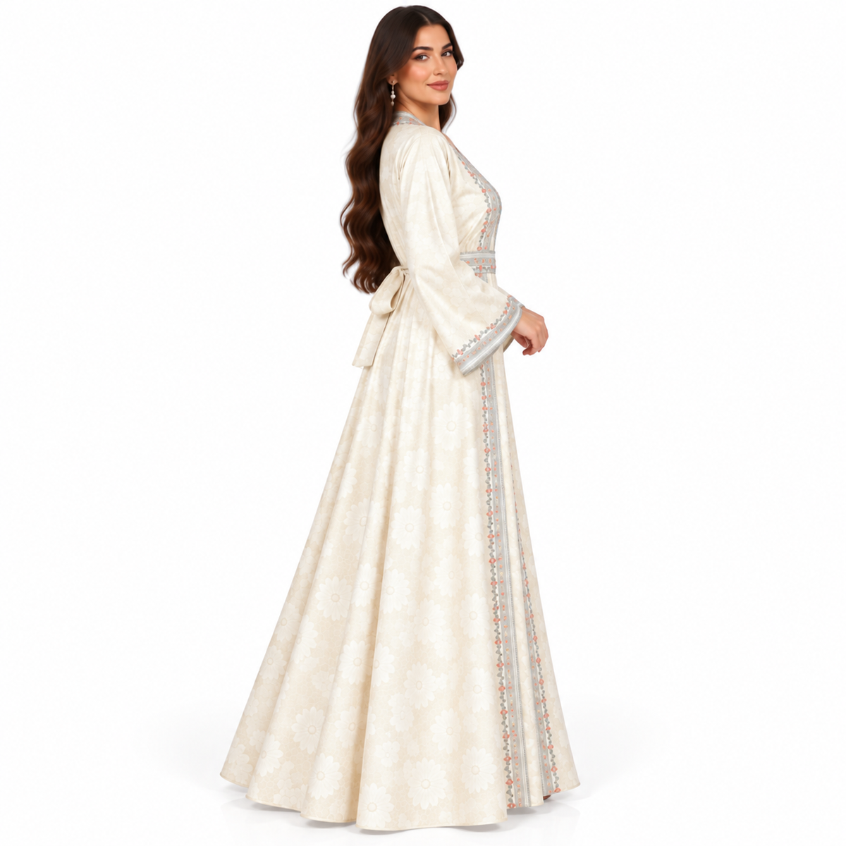 Beige Floral Embroidered Luxury Moroccan Kaftan-2