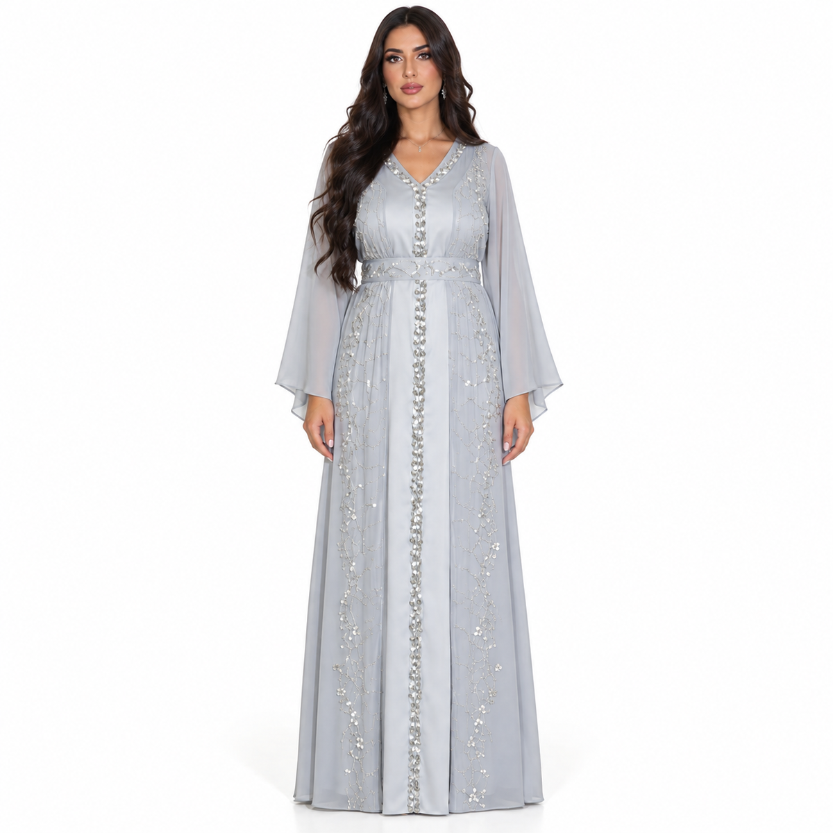 Grey Embellished Chiffon Luxury Kaftan Dress-1
