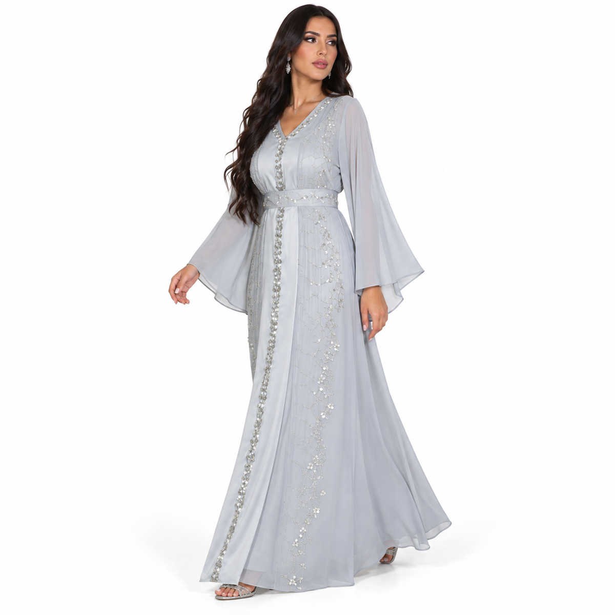 Grey Embellished Chiffon Luxury Kaftan Dress-2