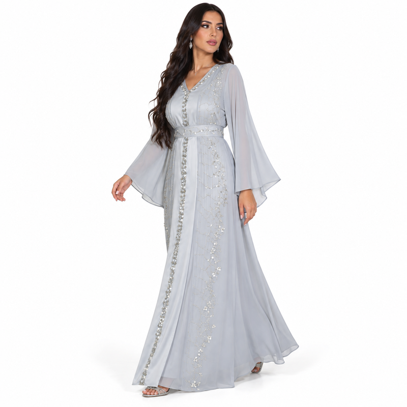Grey Embellished Chiffon Luxury Kaftan Dress-2