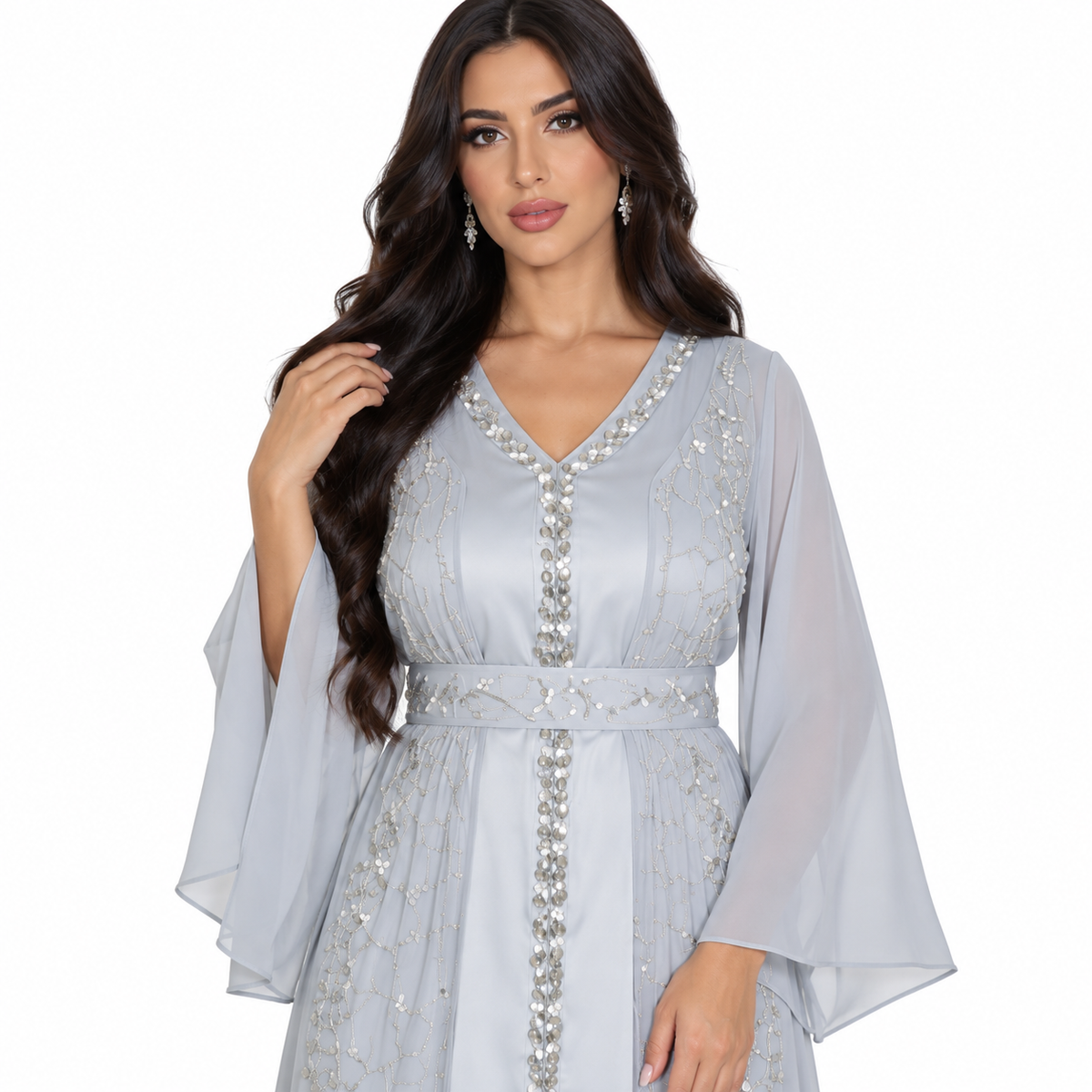 Grey Embellished Chiffon Luxury Kaftan Dress-3