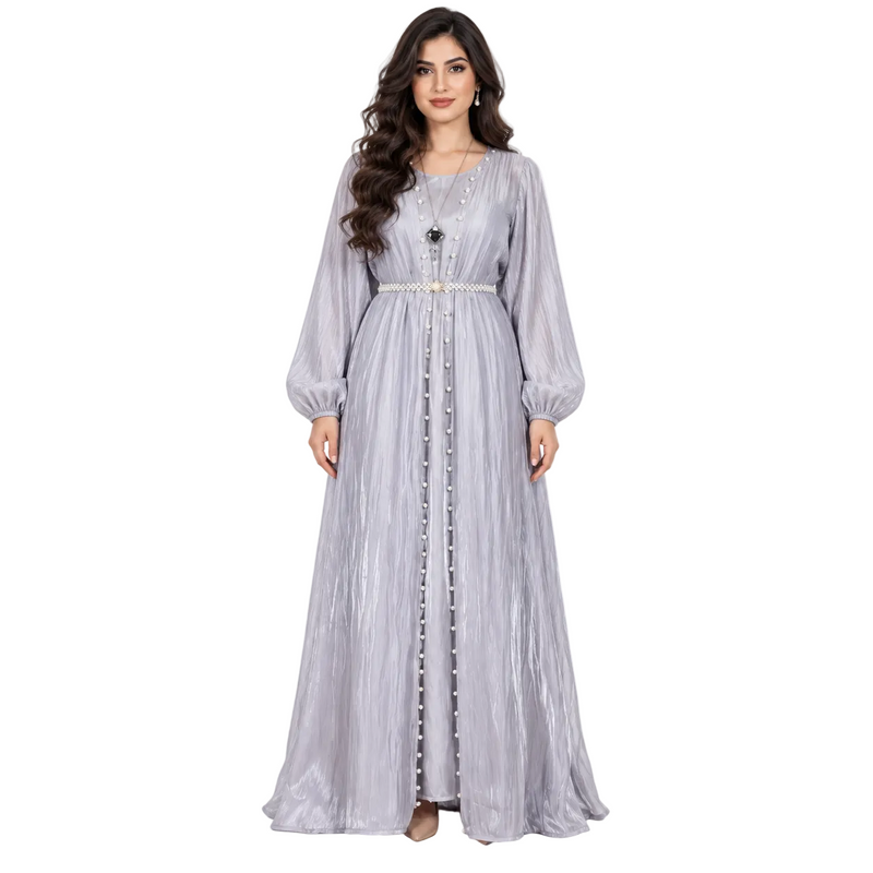 Light Grey Pearl Embellished Luxury Kaftan-1