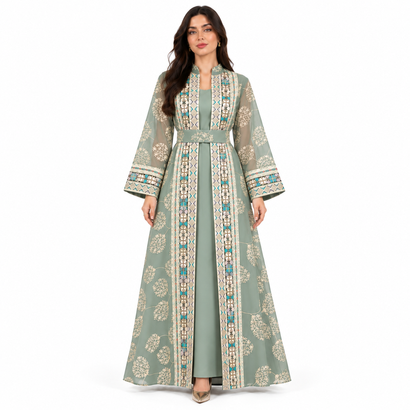 Light Green Embroidered Open Front Kaftan-1