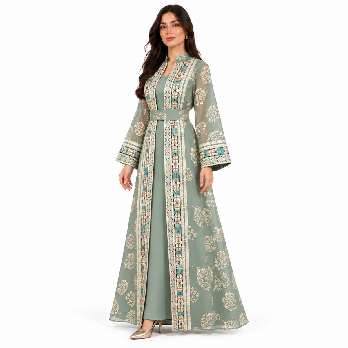 Light Green Embroidered Open Front Kaftan-2