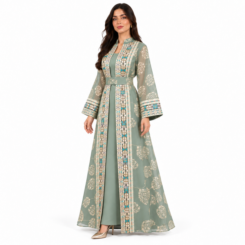 Light Green Embroidered Open Front Kaftan-2