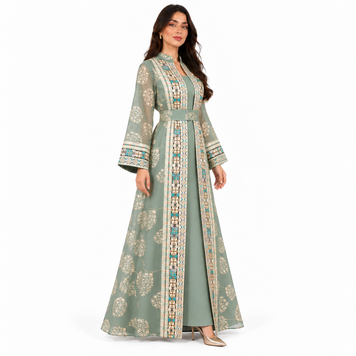 Light Green Embroidered Open Front Kaftan-3