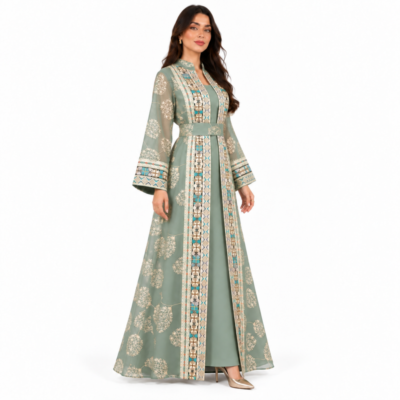 Light Green Embroidered Open Front Kaftan-3