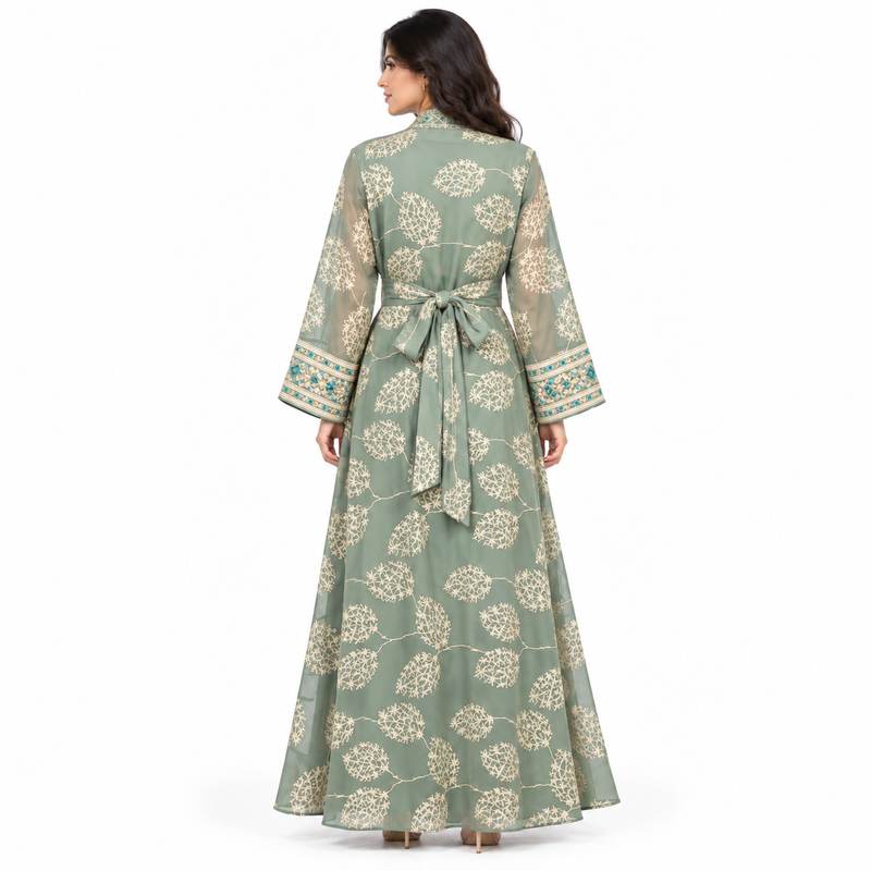 Light Green Embroidered Open Front Kaftan-4