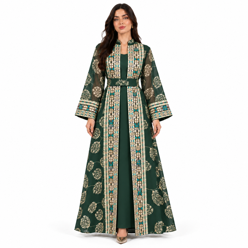 Dark Green Embroidered Open Front Kaftan-1